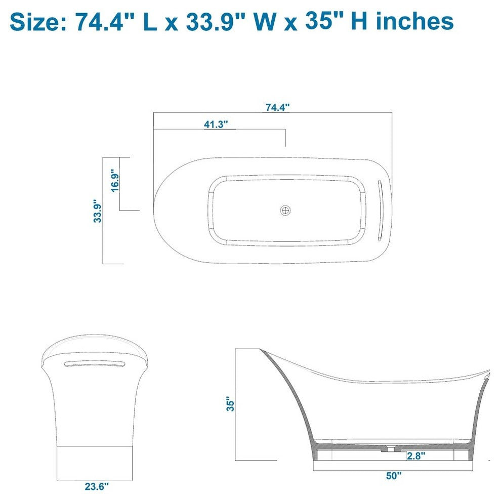 ADM Slippered Freestanding Bathtub, Glossy White, 74.4"