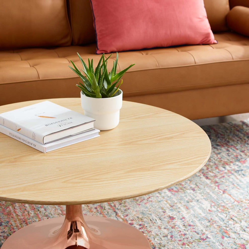 Coffee Table, Round, Wood, Metal, Rose Gold Brown Natural, Modern, Lounge