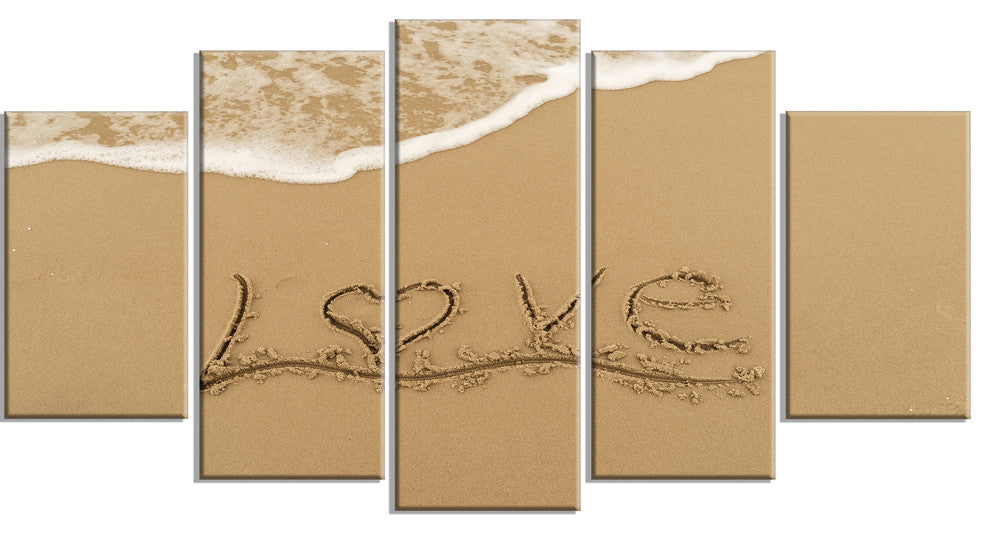 "Love Written On Sandy Seashore" Seascape Wall Art, 5 Panels, 60"x32"