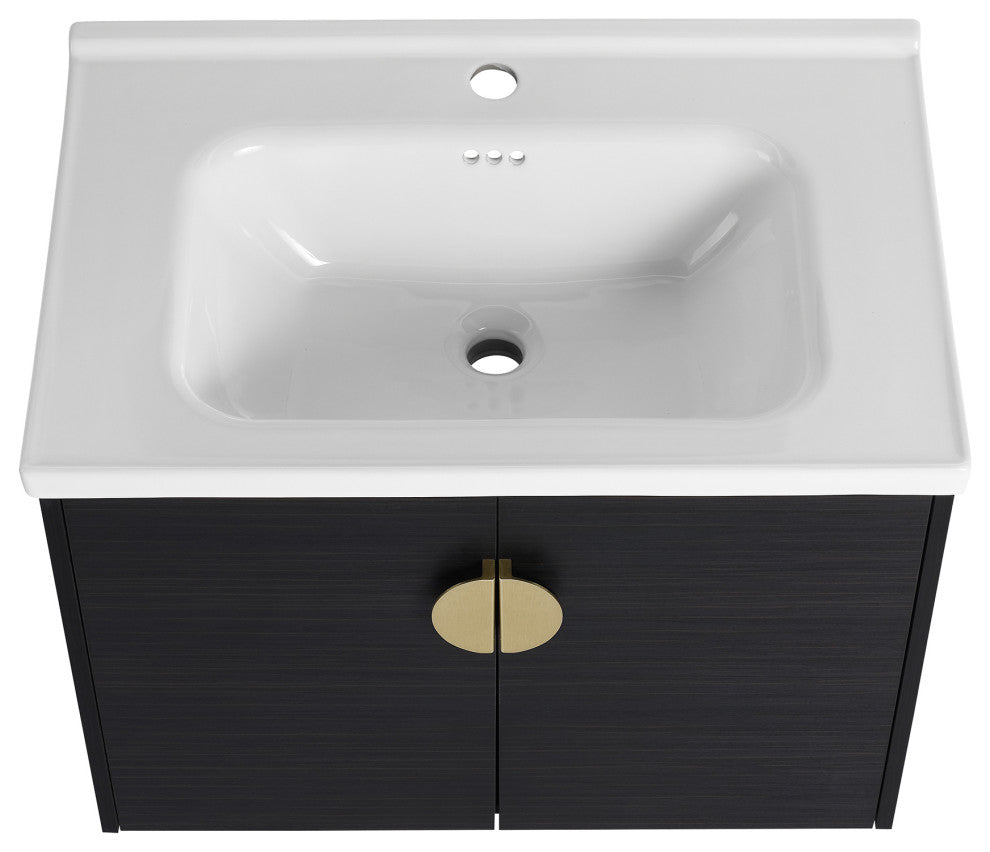 28" Plywood Wall Mounted Bath Vanity Set, Black, Ceramic Basin