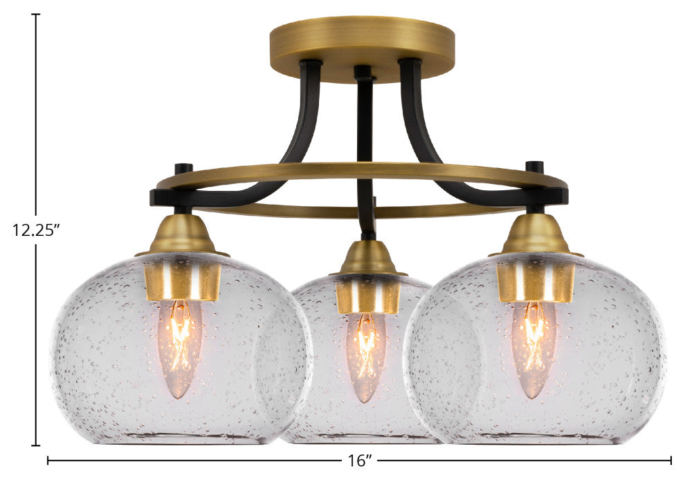 Paramount 3-Light Semi-Flush Light, Matte Black & Brass, 7" Clear Bubble Glass