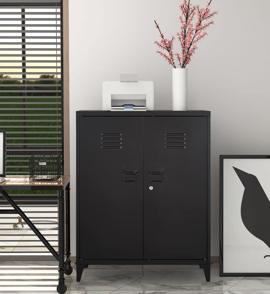 Metal Storage Cabinet, 2 Doors & 2 Shelves, 35.5", Black, With Legs