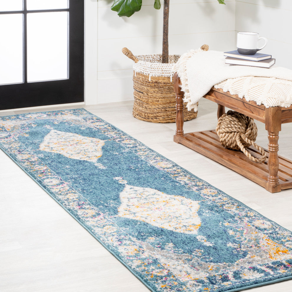 Zelda Bohemian Cottage Medallion Turquoise/Gray 2 ft. x 8 ft. Runner Rug