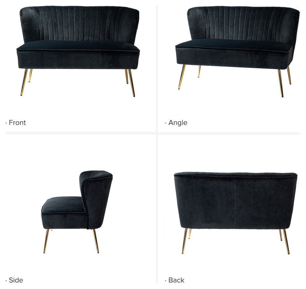 Velvet Tufted Loveseat Sofa With Golden Base, Black