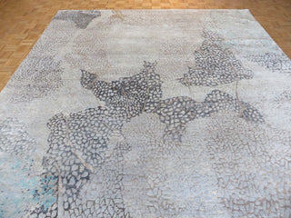 Hand Knotted Blue Gray Modern Abstract Oriental Rug With Silk