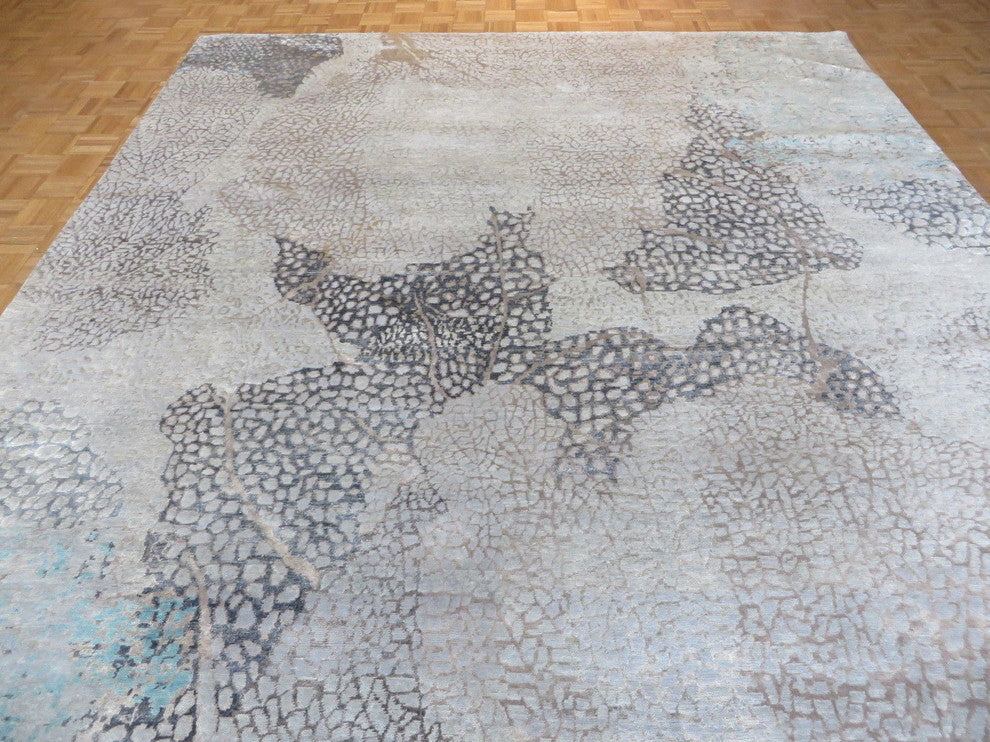 Hand Knotted Blue Gray Modern Abstract Oriental Rug With Silk