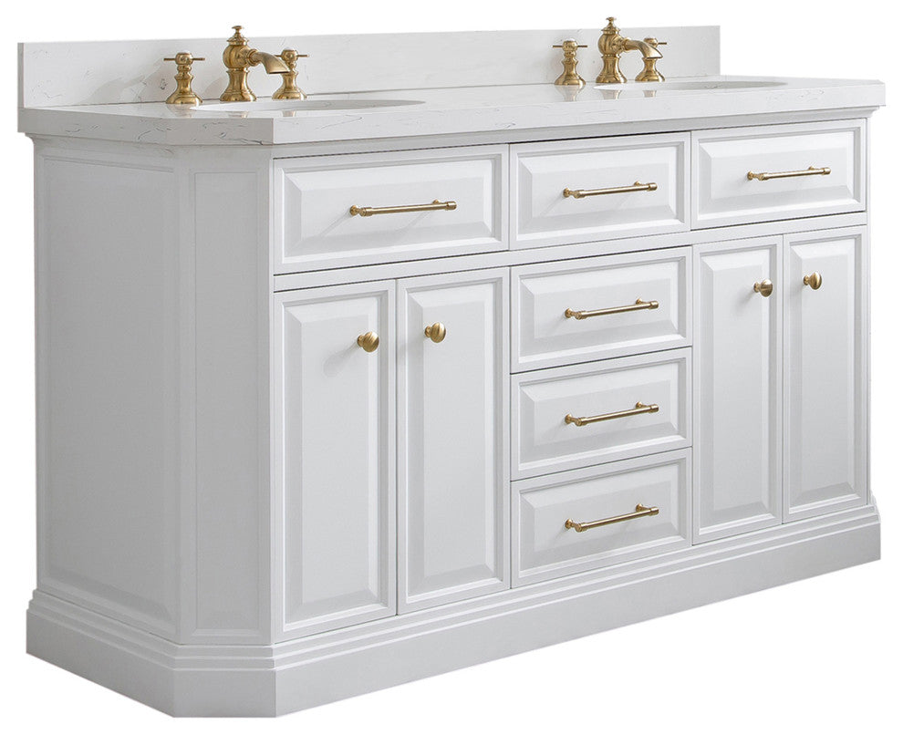 60" Palace Quartz White Vanity With Brass Hardware, Faucets and Chrome Mirrors