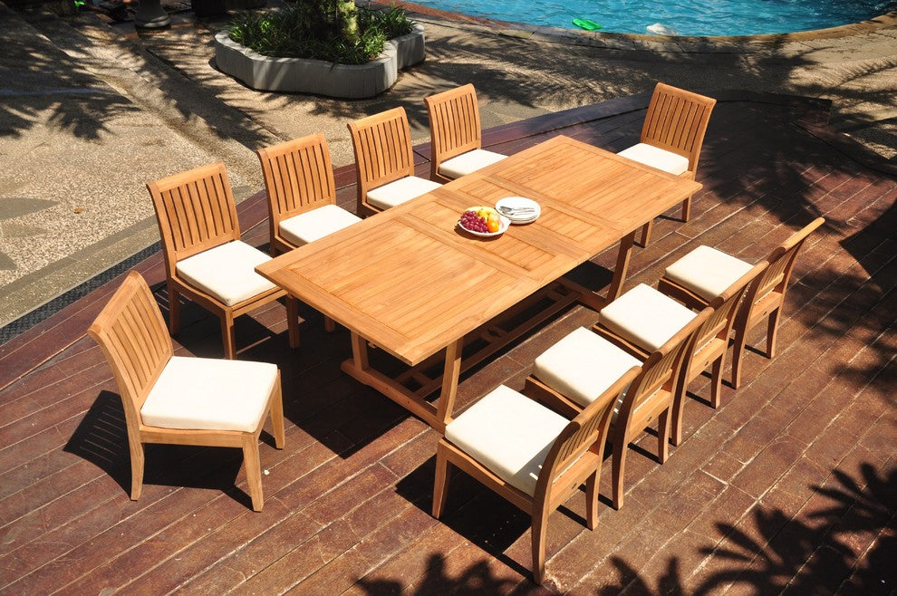 11-Piece Outdoor Teak Dining: 94" Masc Rectangle Table, 10 Lagos Armless Chairs