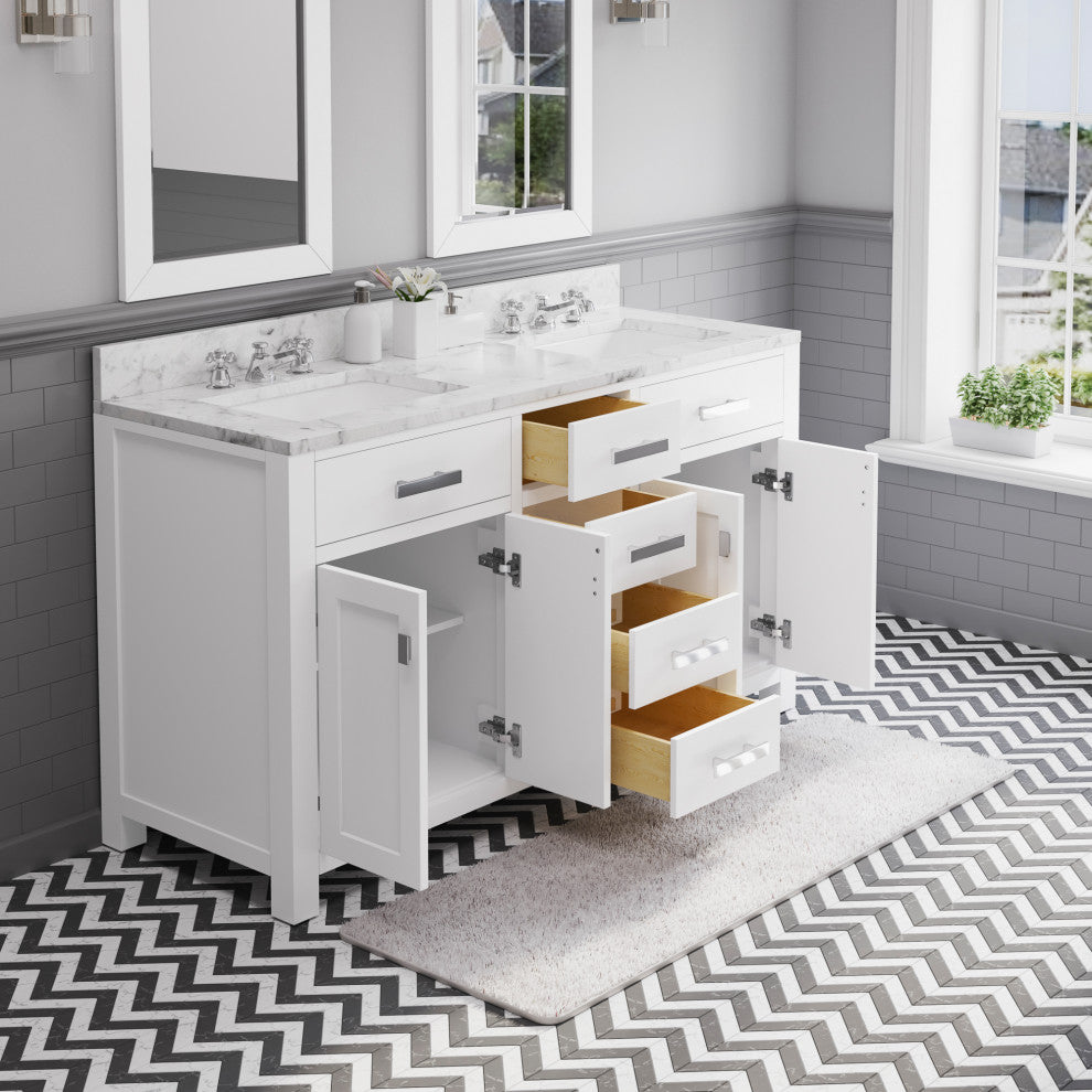 Madison Pure White Bathroom Vanity, 60", Two Mirrors, Two Faucets