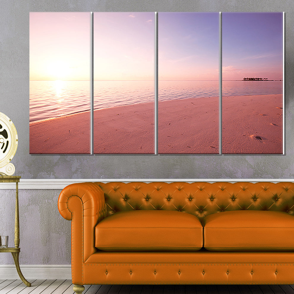 Serene Maldives Seashore At Sunset, Landscape Canvas Art, 48"x28", 4 Panels