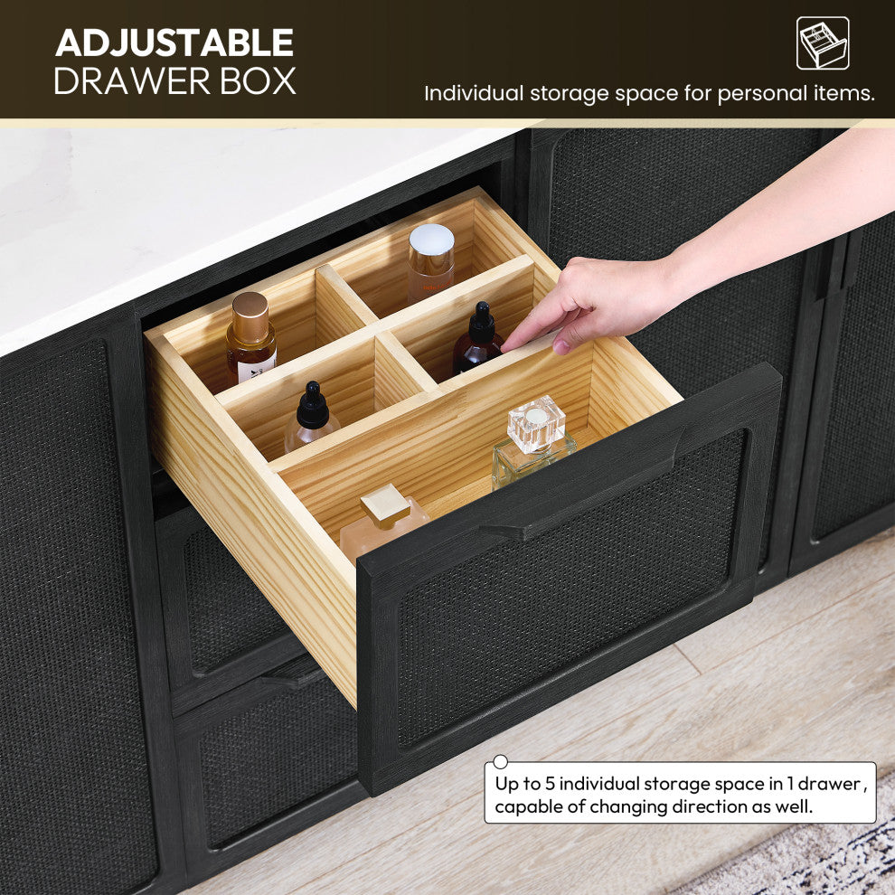 Busan Bath Vanity, Quartz Top No Mirror, Oak Classic Black, 60", Double Vanity