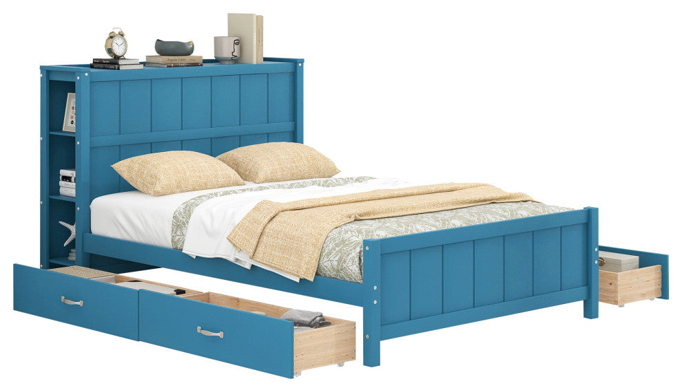 Full Size Platform Bed with Storage Drawers and Headboard Shelves (No mattress), Blue