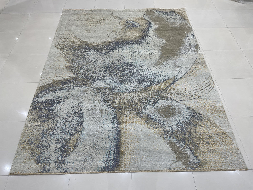 Hand-Knotted Wool Gray Silver Transitional Abstract Traditional Knot Rug, 7'10 X 10'