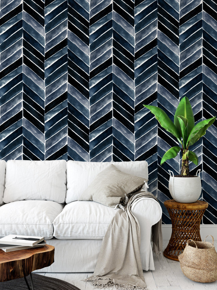 Chevron Painted Indigo Blue Wallpaper, 24"x72"