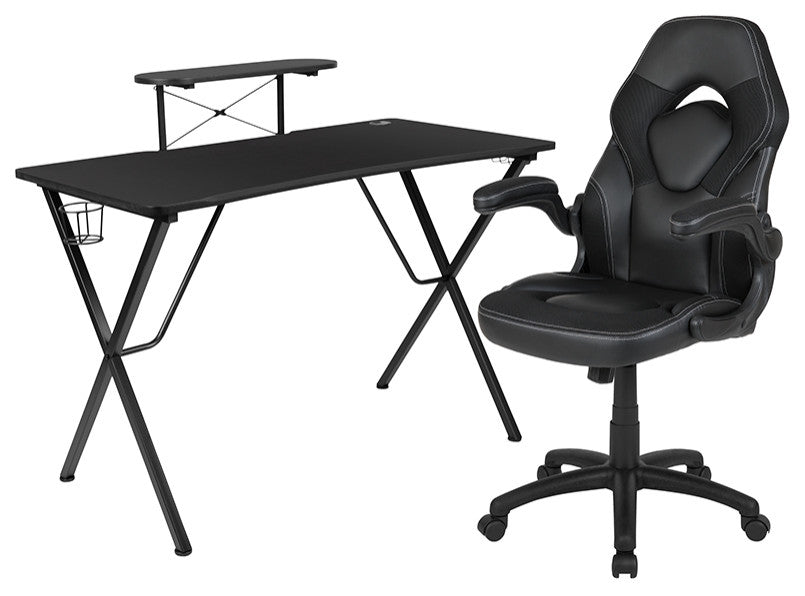 Gaming Desk and Racing Chair Set-Cup Holder, & Monitor/Smartphone Stand, Black