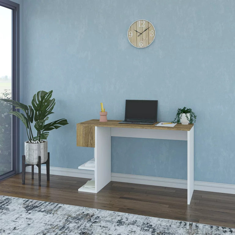 Modern Desk, 3 Built In Open Shelves & Walnut Top With Flip Down Door, White
