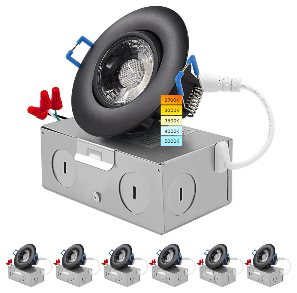 Luxrite 3" Gimbal LED Recessed Light J-Box 8W 5 CCT Black 6 Pack