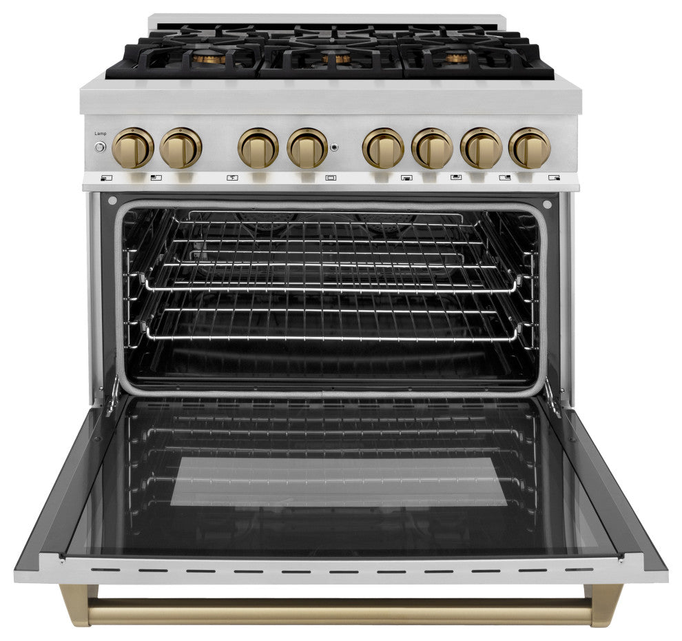 ZLINE 36" Dual Fuel Range, Stainless Steel With Champagne Bronze RAZ-36-CB