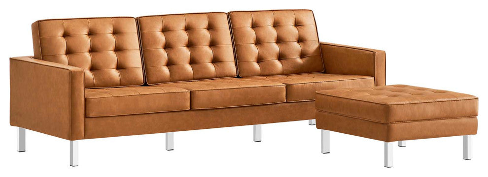 Loft Tufted Vegan Leather Sofa and Ottoman Set, Silver Tan