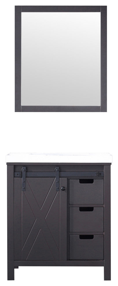 Marsyas 30" Brown Single Vanity Cabinet Quartz Top Square Sink, 28" Wall Mirror