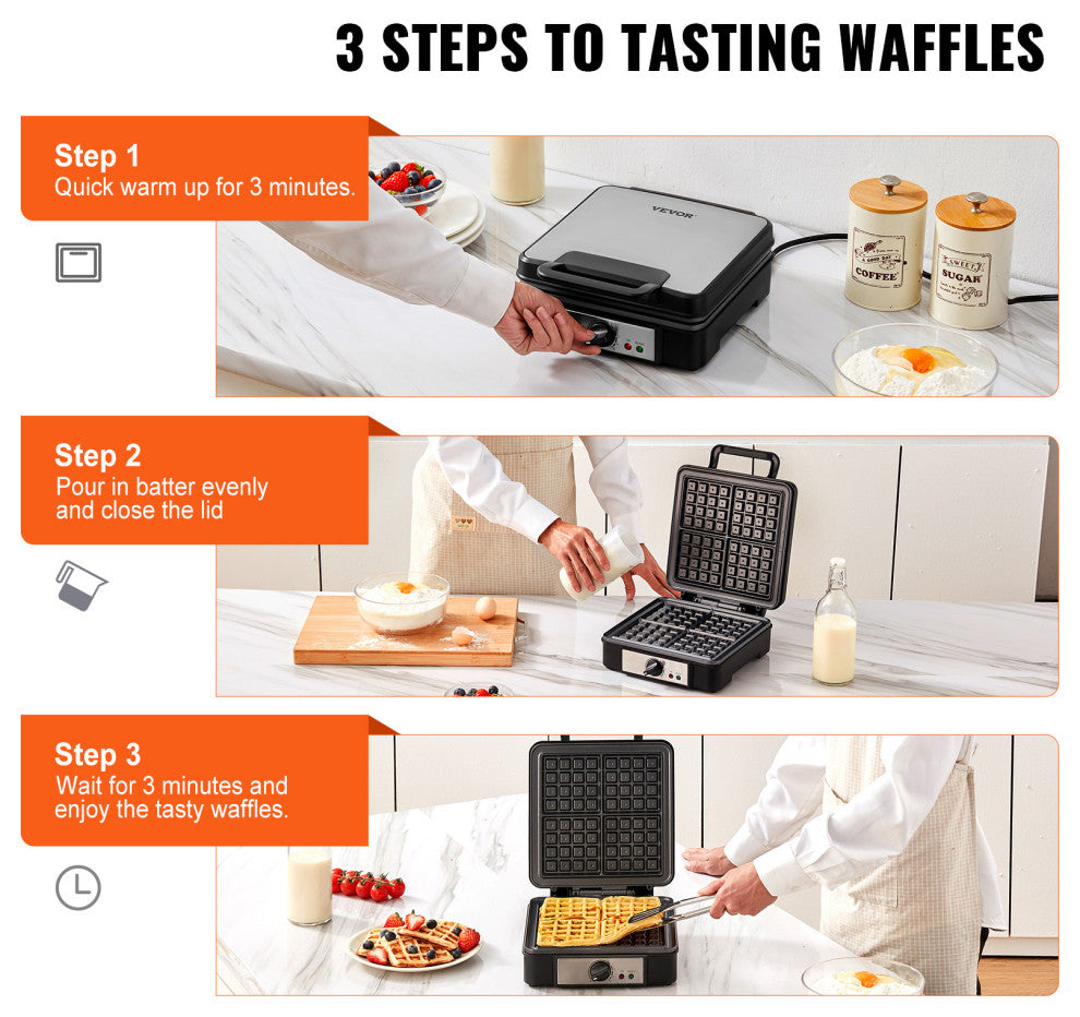 VEVOR 4 Slices Square Waffle Maker 1200W Electric Non-Stick Waffle Iron 120V