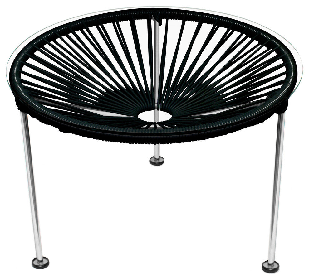Zicatela Indoor/Outdoor Handmade Side Table, Black Weave, Chrome Frame