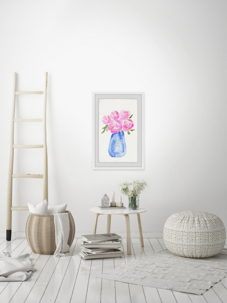 "Pink Flowers Blue Vase" Framed Painting Print, 16"x24"