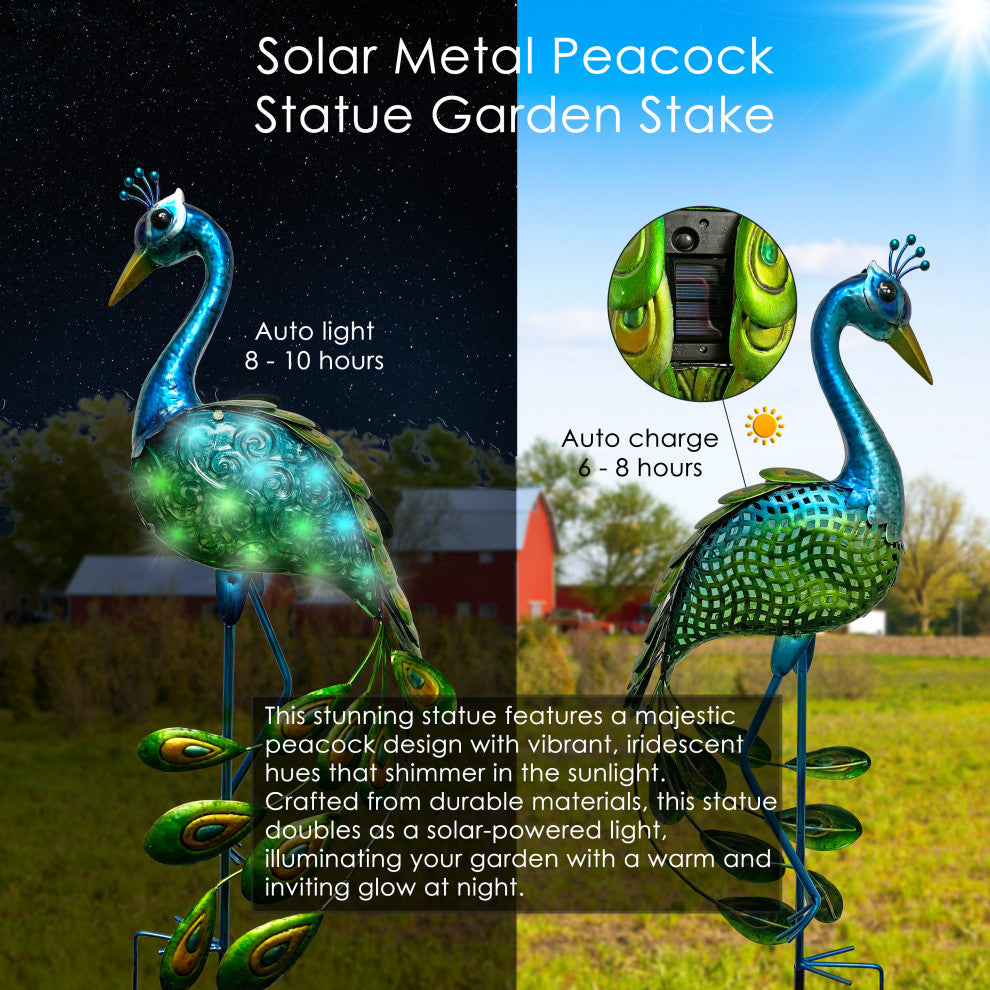 Double Sided Glass and Metal Solar Peacock Outdoor Garden Stake