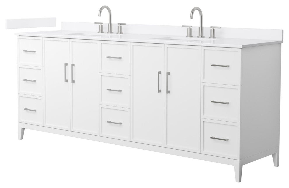Elan 84" Double Vanity, White, White Quartz Top, 3-Hole, Nickel Trim