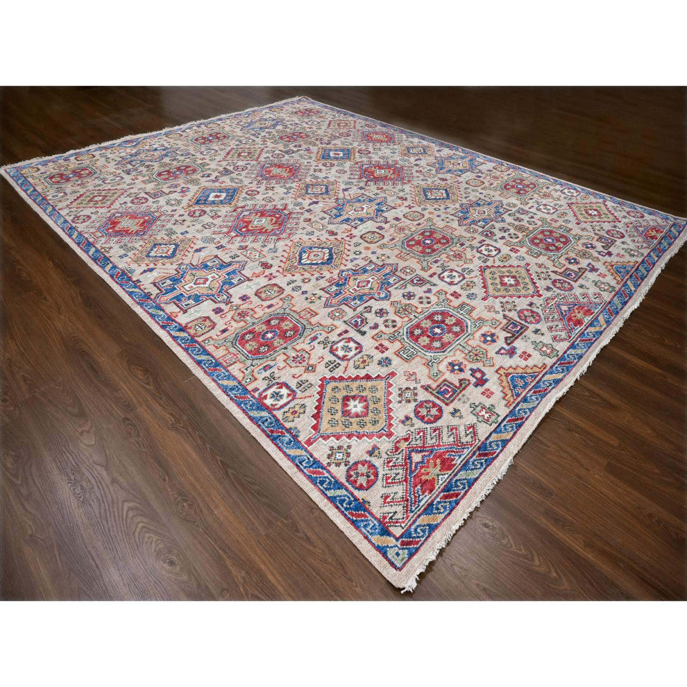Buttery Brown Geometric Design Wool Hand Knotted Oversized Rug, 11'9"x14'10"