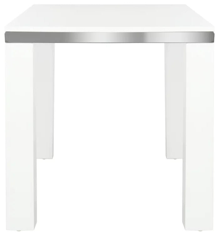 Contemporary Large Desk, Glossy White Wooden Construction With Chrome Accent