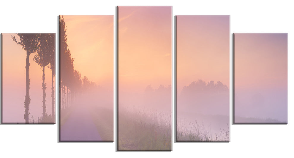 "Foggy Sunrise in The Netherlands" Wall Art Landscape, 5 Panels, 60"x32"