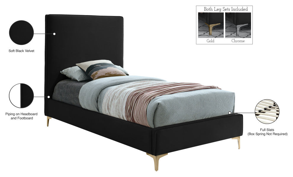 Geri Velvet Upholstered Bed, Black, Twin
