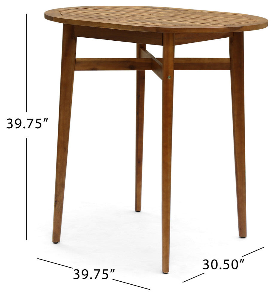 Beryl Outdoor Rustic Acacia Wood Bar Table With Slat Top, Teak Finish