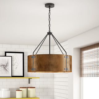 Matte Black 4-Light Metal Pendant Light With Brown Drum Shade