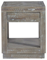 Modus Herringbone Solid Wood One Drawer End Table in Rustic Latte