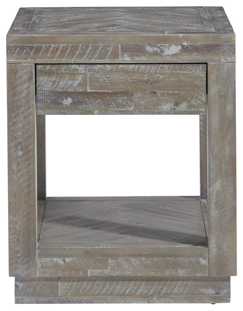 Modus Herringbone Solid Wood One Drawer End Table in Rustic Latte