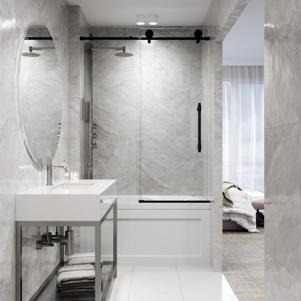 VIGO Elan Hart 56" to 60" W x 66" H Frameless Sliding Tub Door, Matte Black, Clear Glass