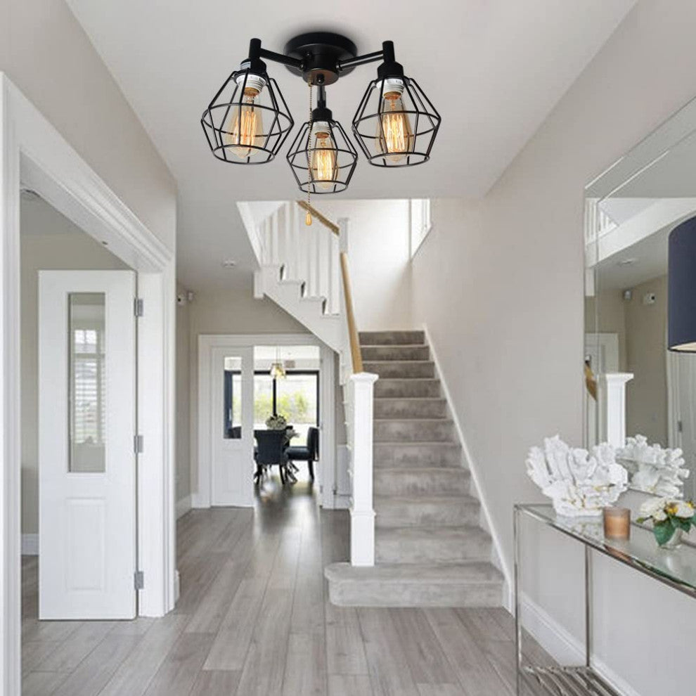 3 Light Industrial Pull Chain Ceiling Light Fixture, Black Cage Flush Mount