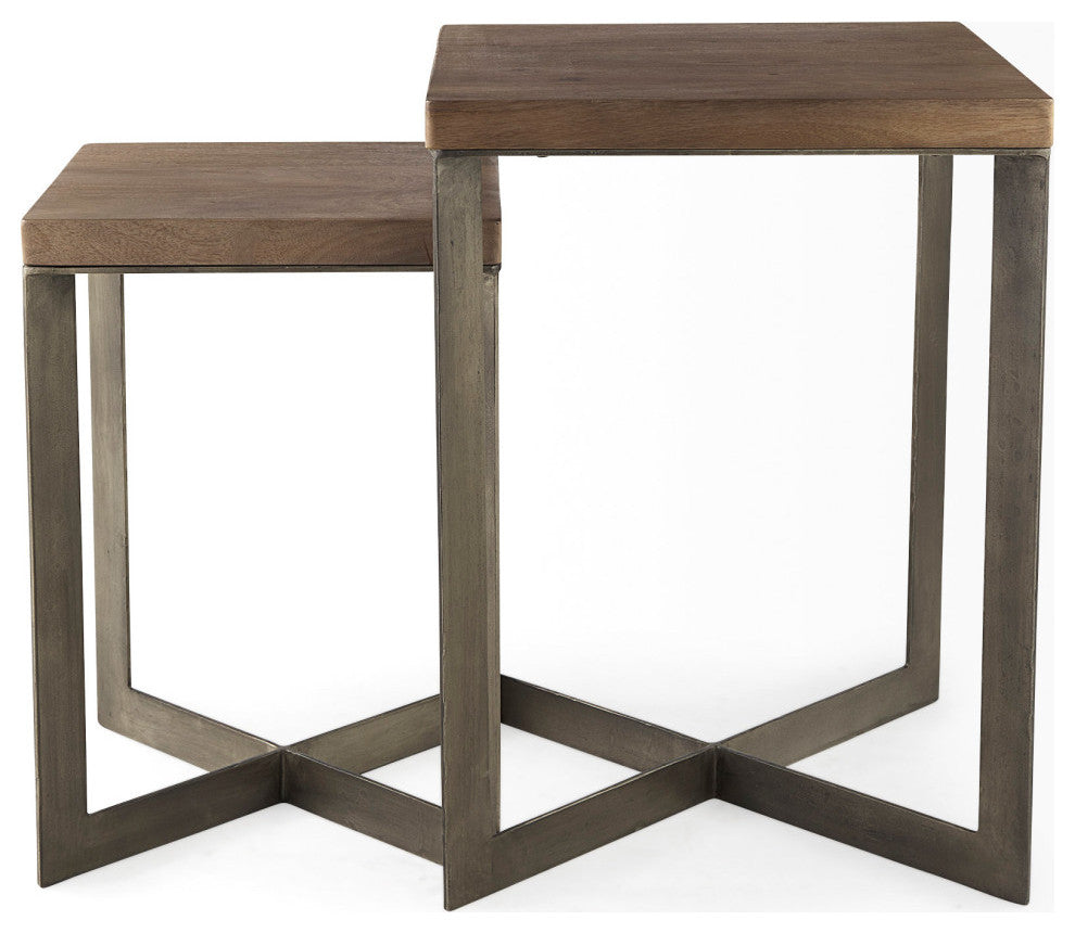 Faye 2-Piece Medium Brown Wood With Metal Base Accent Table Set