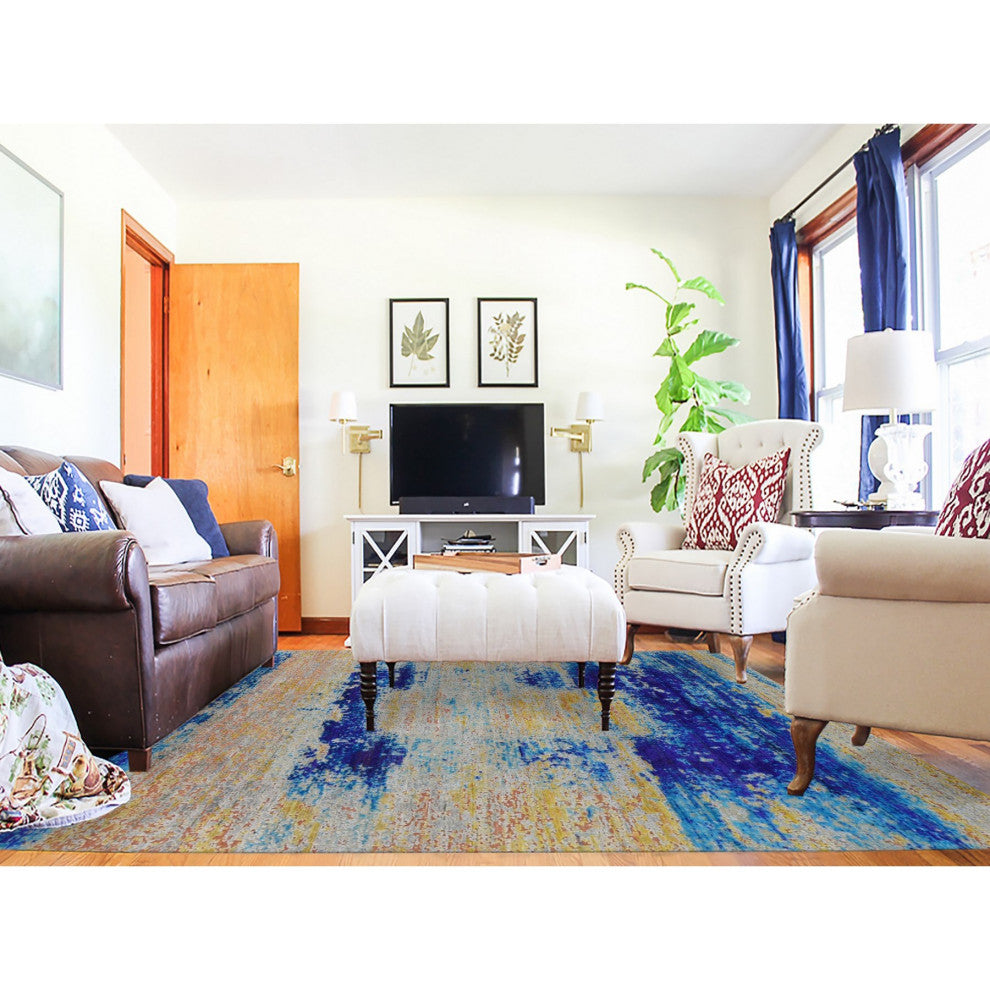 Gold Color, Silk With Wool, Abstract Design, Hand Knotted Rug, 7'10"x10'