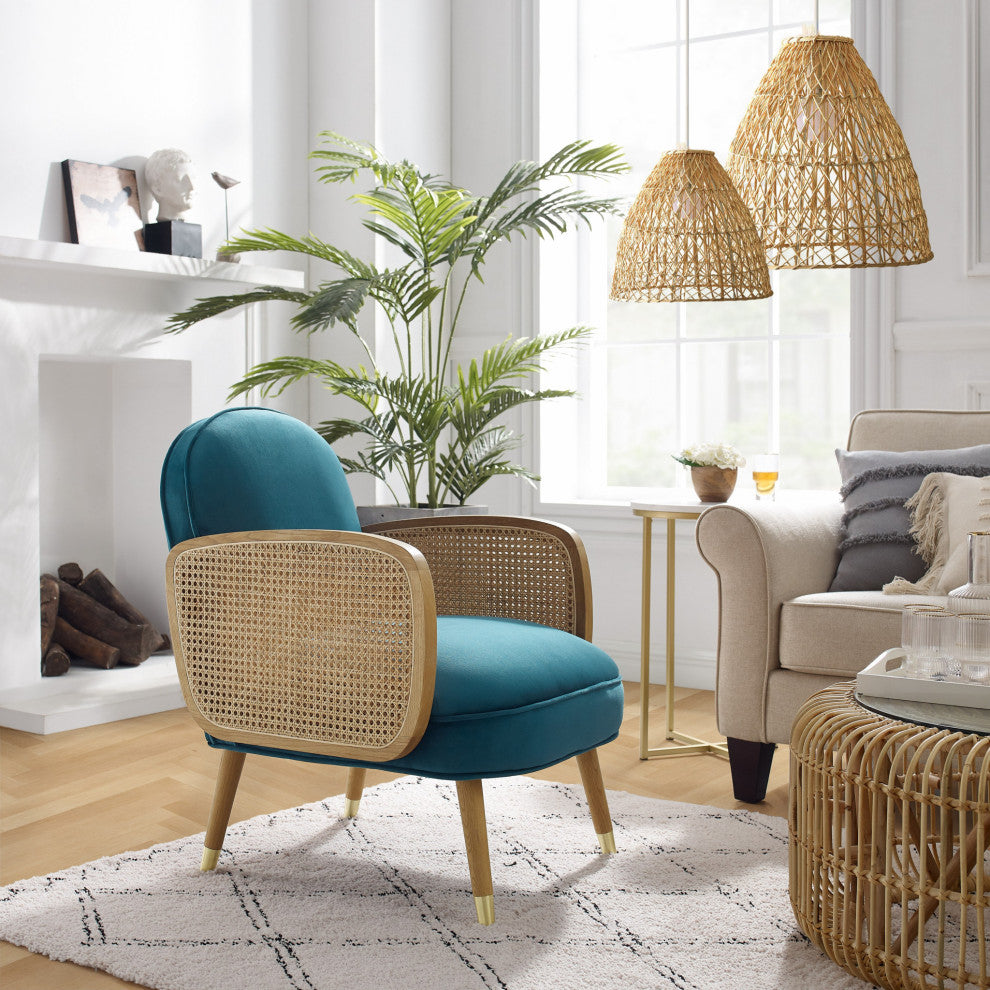 Modern Blue Velvet With Cane Accent Chair