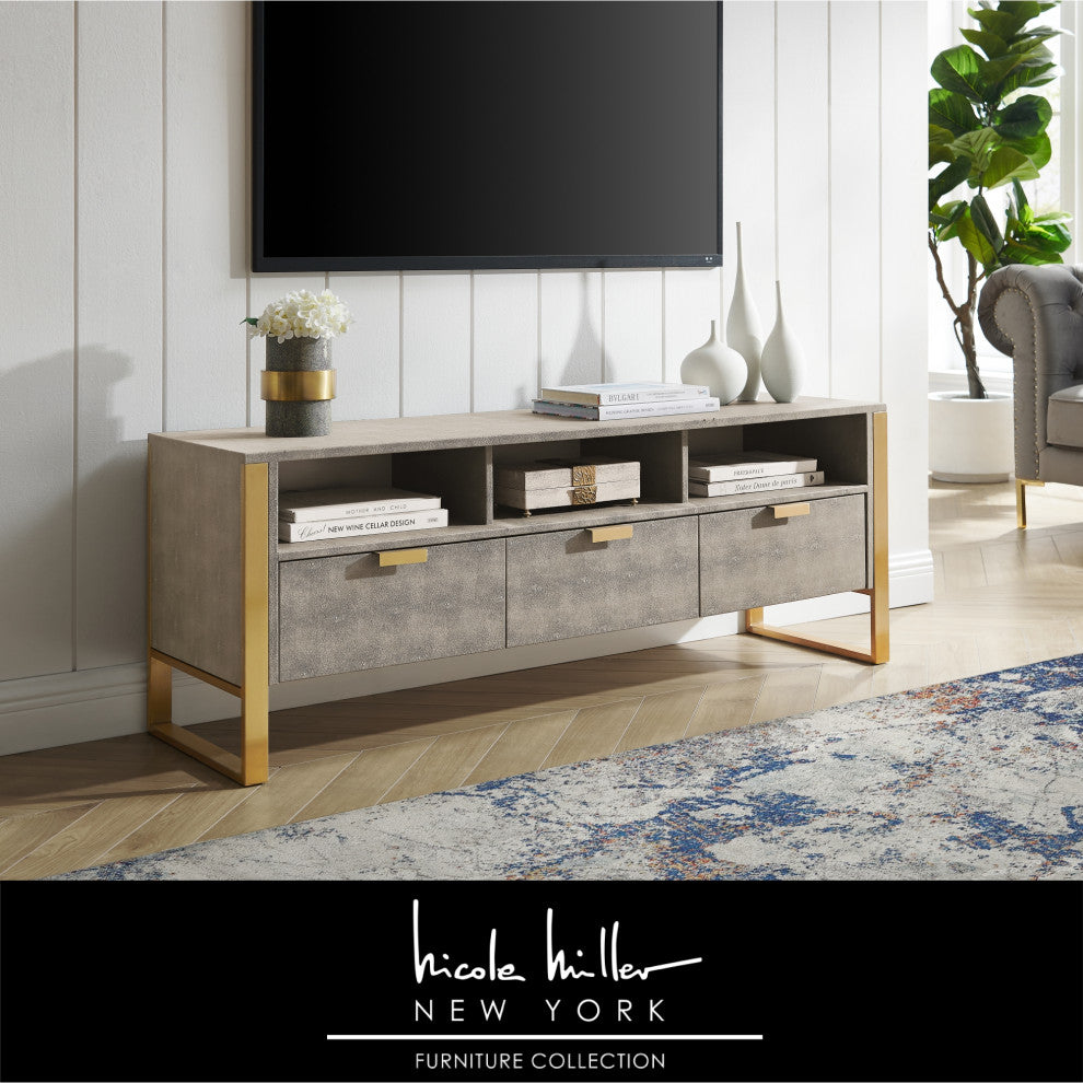 Nicole Miller Chayton TV Stand, Faux Shagreen 55Lx16Wx20.7H, Cream White/Gold