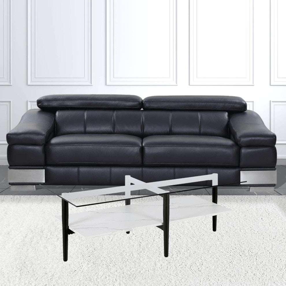 47" Black Glass And Steel Coffee Table With Shelf