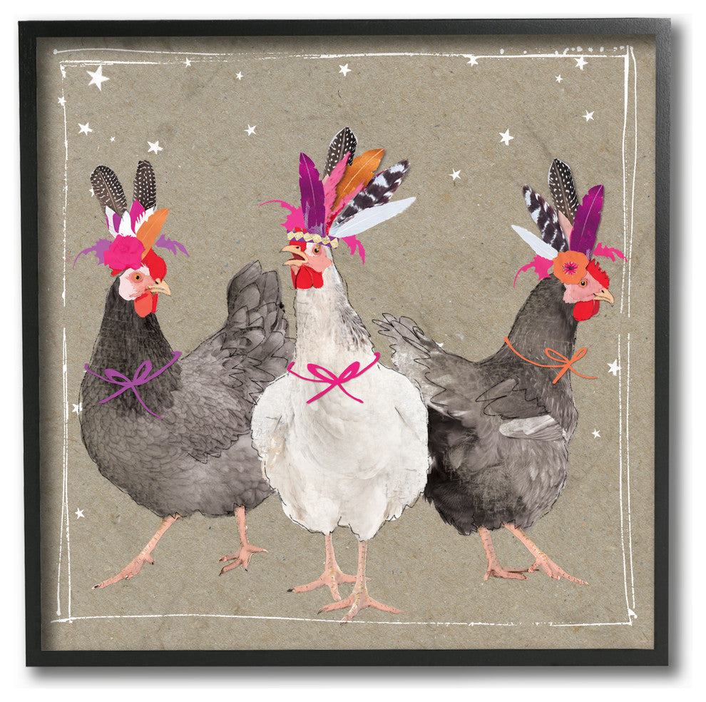 Fancy Pants Chickens in Headdresses Pow Wow Framed Giclee, 12"x12"