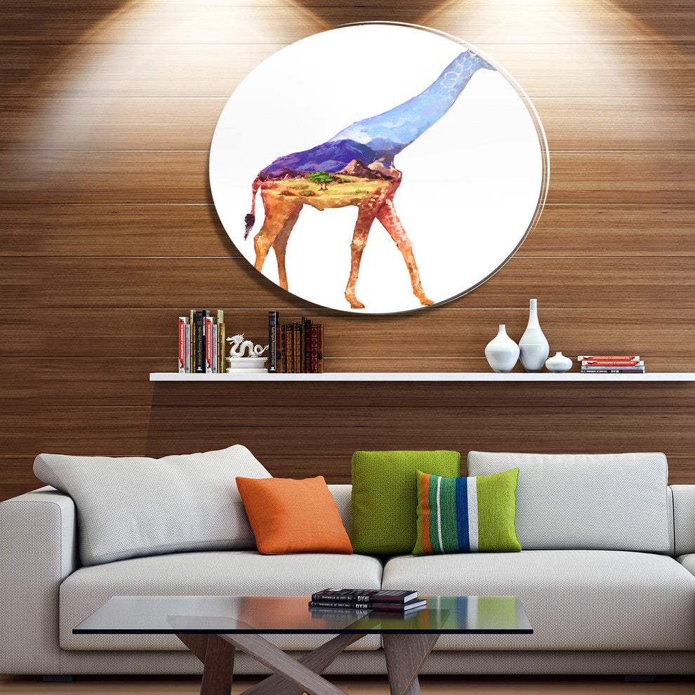 Giraffe Double Exposure Illustration, Animal Round Wall Art, 23"