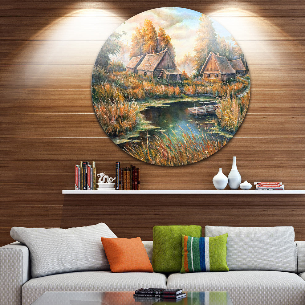 Birches In Autumn Village, Landscape Disc Metal Wall Art, 23"