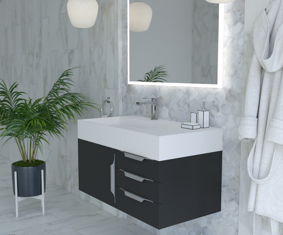 CastelloUSA Amazon 36" Wall Mount Vanity Set, Black, White Top, Chrome Handles