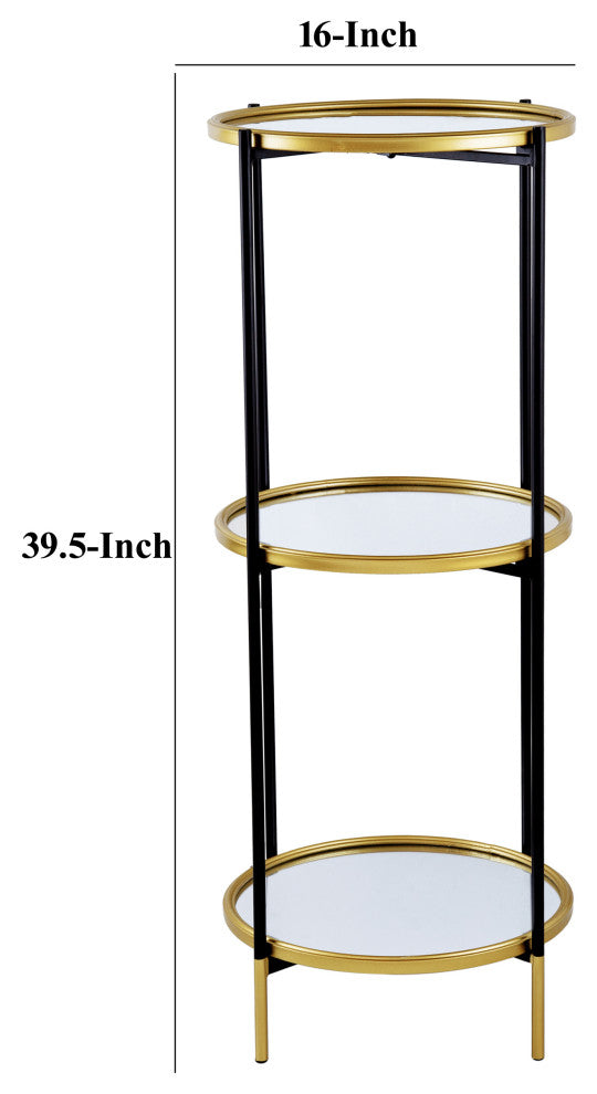 Benzara BM284919 Round 3 Tier Shelf, Metal, Mirrored Glass Shelves, Black, Gold