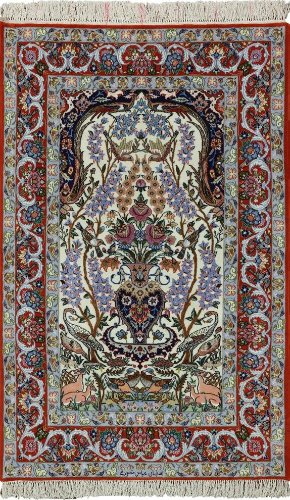 Signed Persian Isfahan Handmade Wool and Silk Authentic Rug, 4'x5'